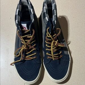 Vans Navy High-Tops with Plaid Interior and Multicolor Laces